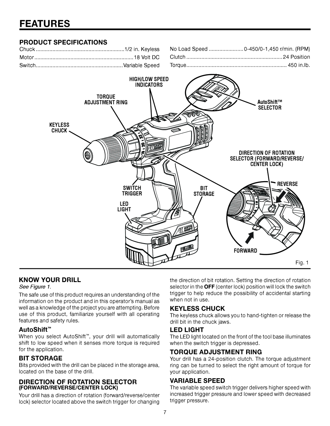 RIDGID R86014 manual Features 