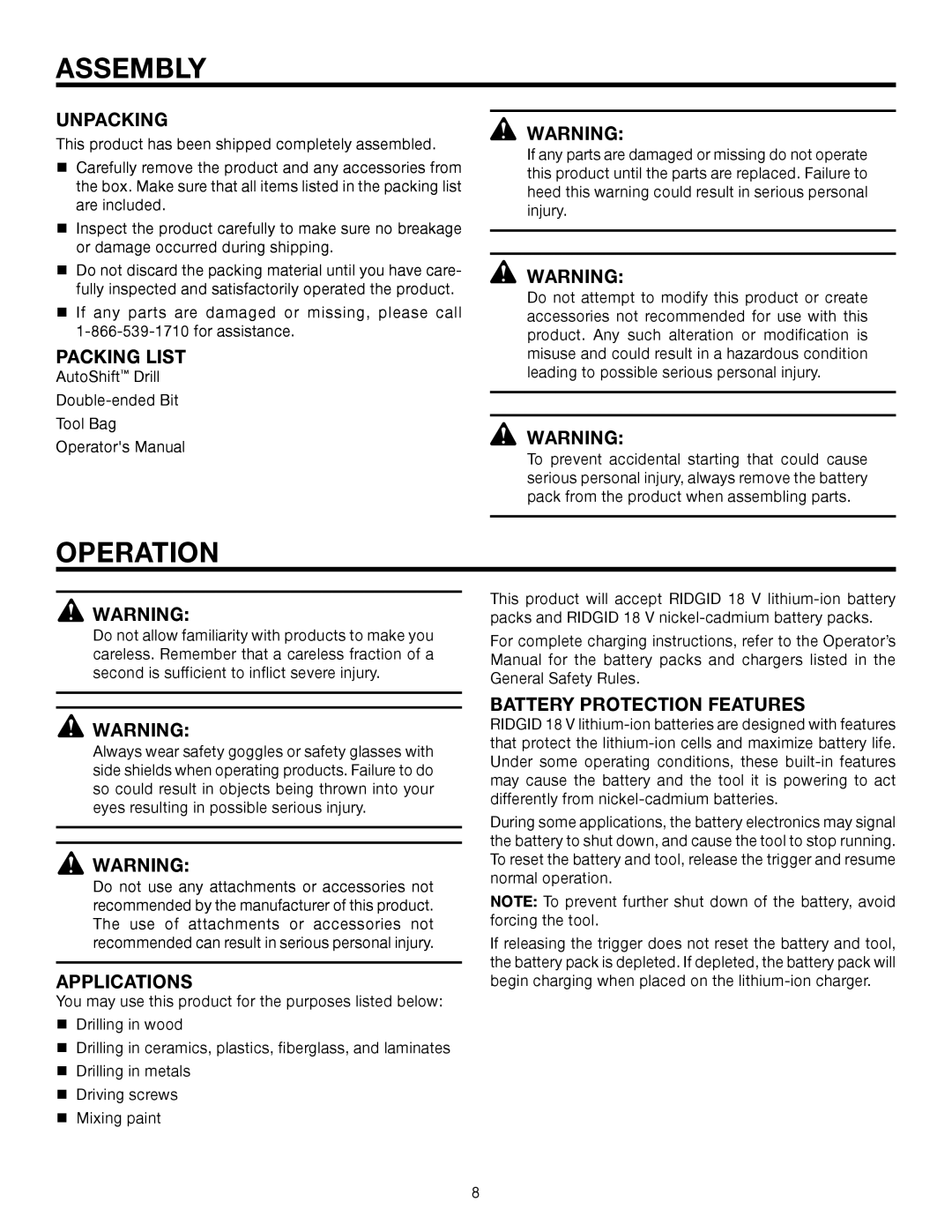 RIDGID R86014 manual Assembly, Operation 