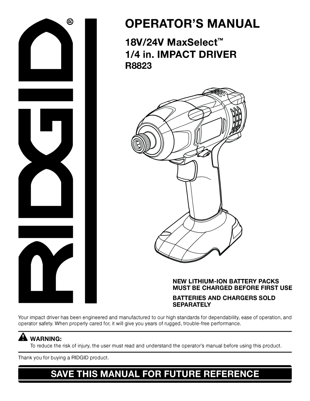 RIDGID R8823 manual OPERATOR’S Manual 