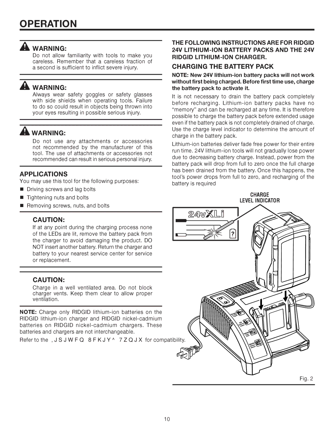 RIDGID R8823 manual Operation, Applications, Charging the Battery Pack 