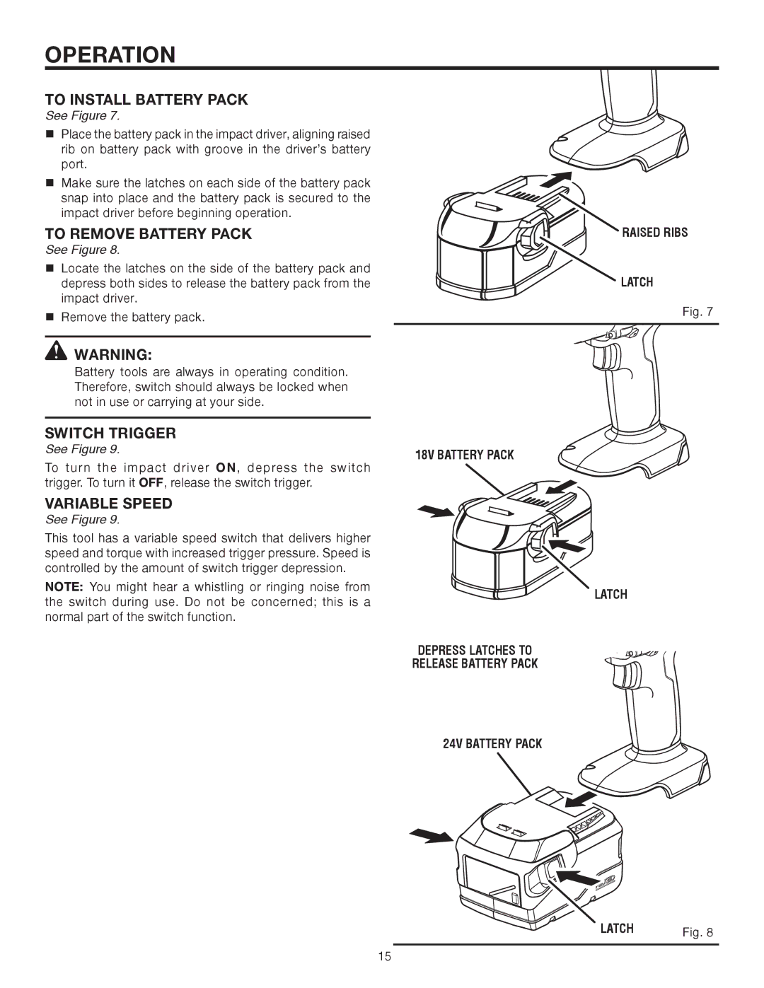 RIDGID R8823 manual To Install Battery Pack, To Remove Battery Pack, Switch Trigger 