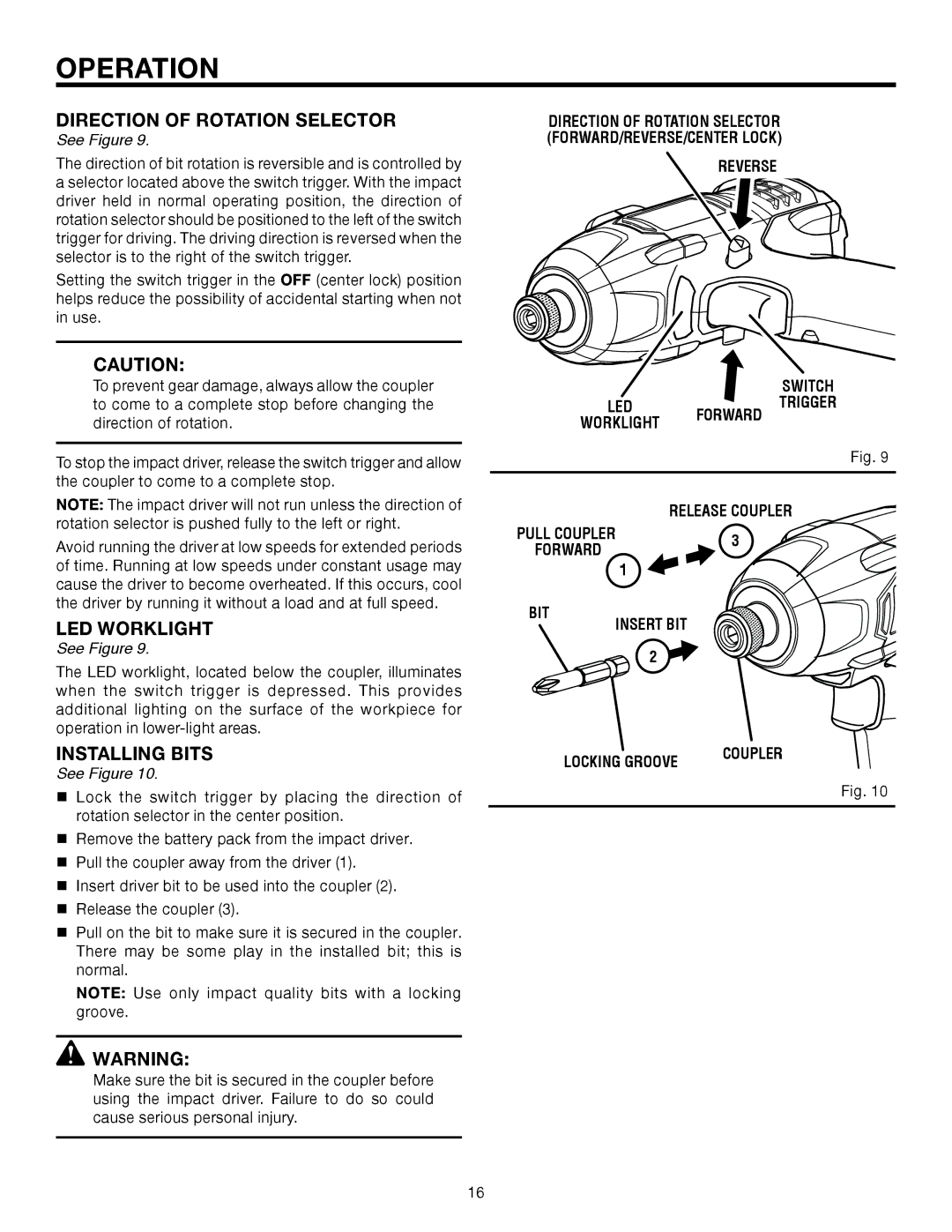 RIDGID R8823 manual Direction of Rotation Selector, Installing Bits 