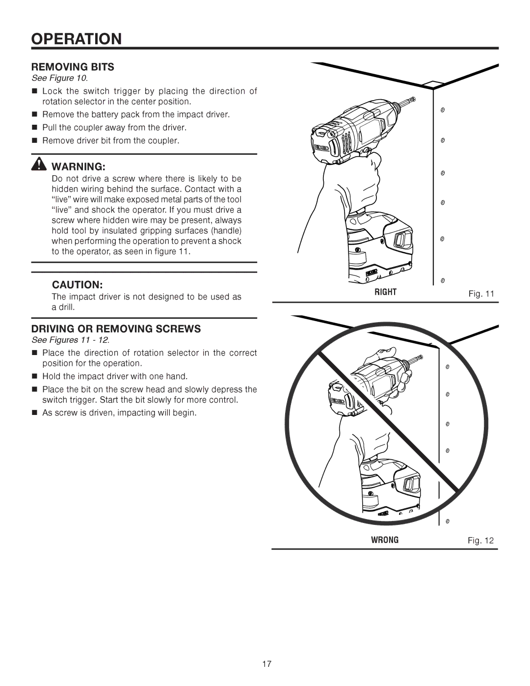 RIDGID R8823 manual Removing Bits, Driving or Removing Screws 