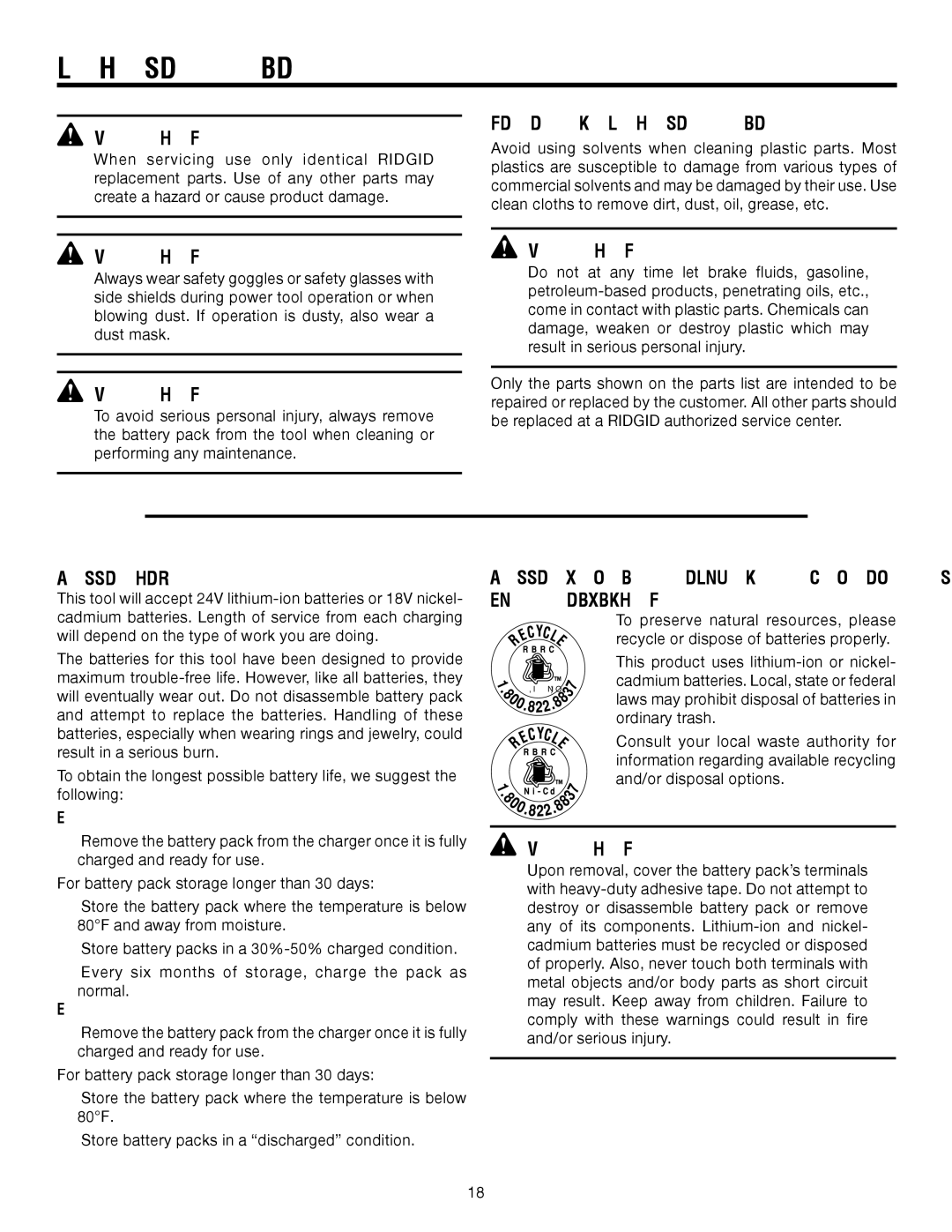 RIDGID R8823 manual General Maintenance, Batteries, Battery Pack Removal and Preparation for Recycling 