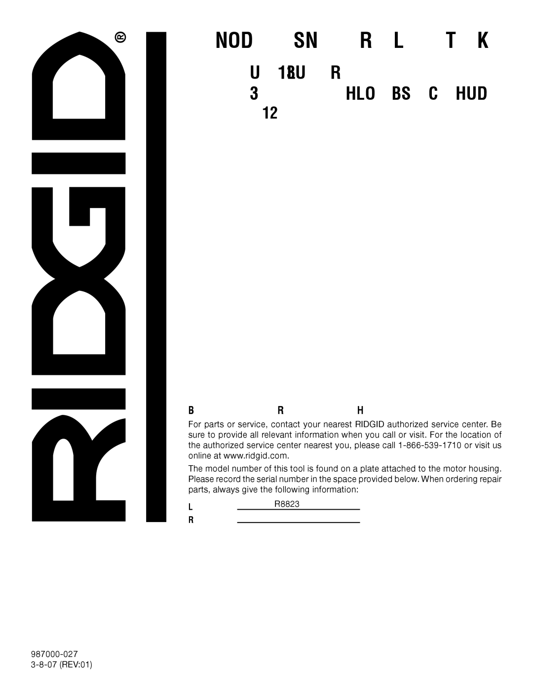 RIDGID R8823 manual Customer Service Information 