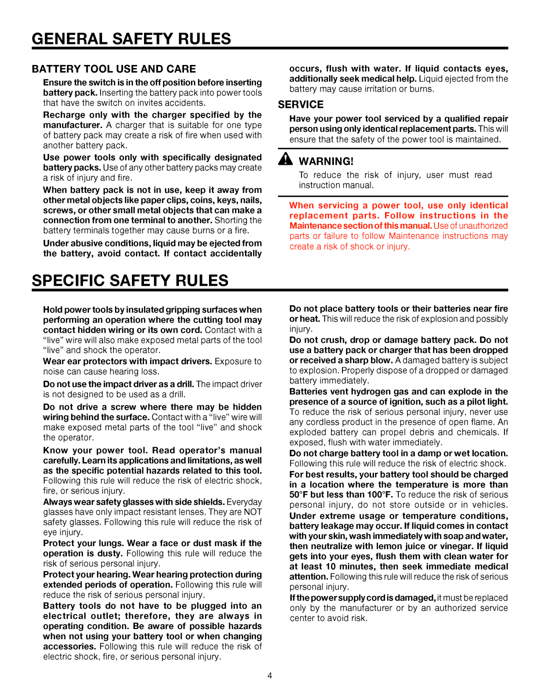 RIDGID R8823 manual Specific Safety Rules, Battery Tool USE and Care, Service 