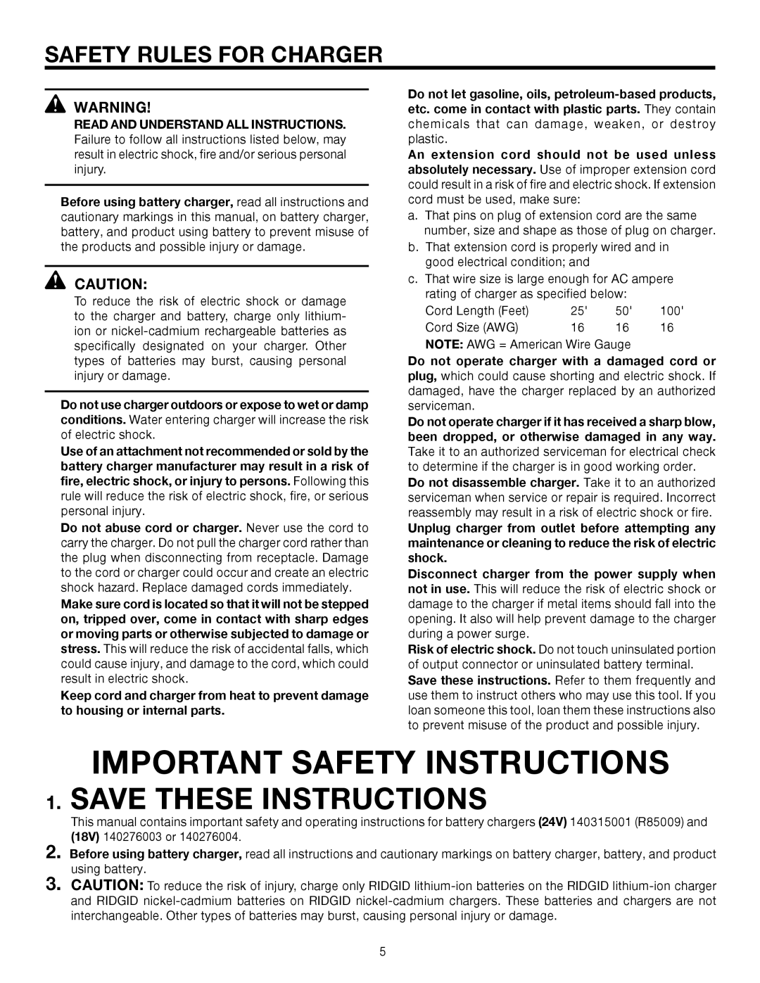 RIDGID R8823 manual Important Safety Instructions, Safety Rules for Charger 