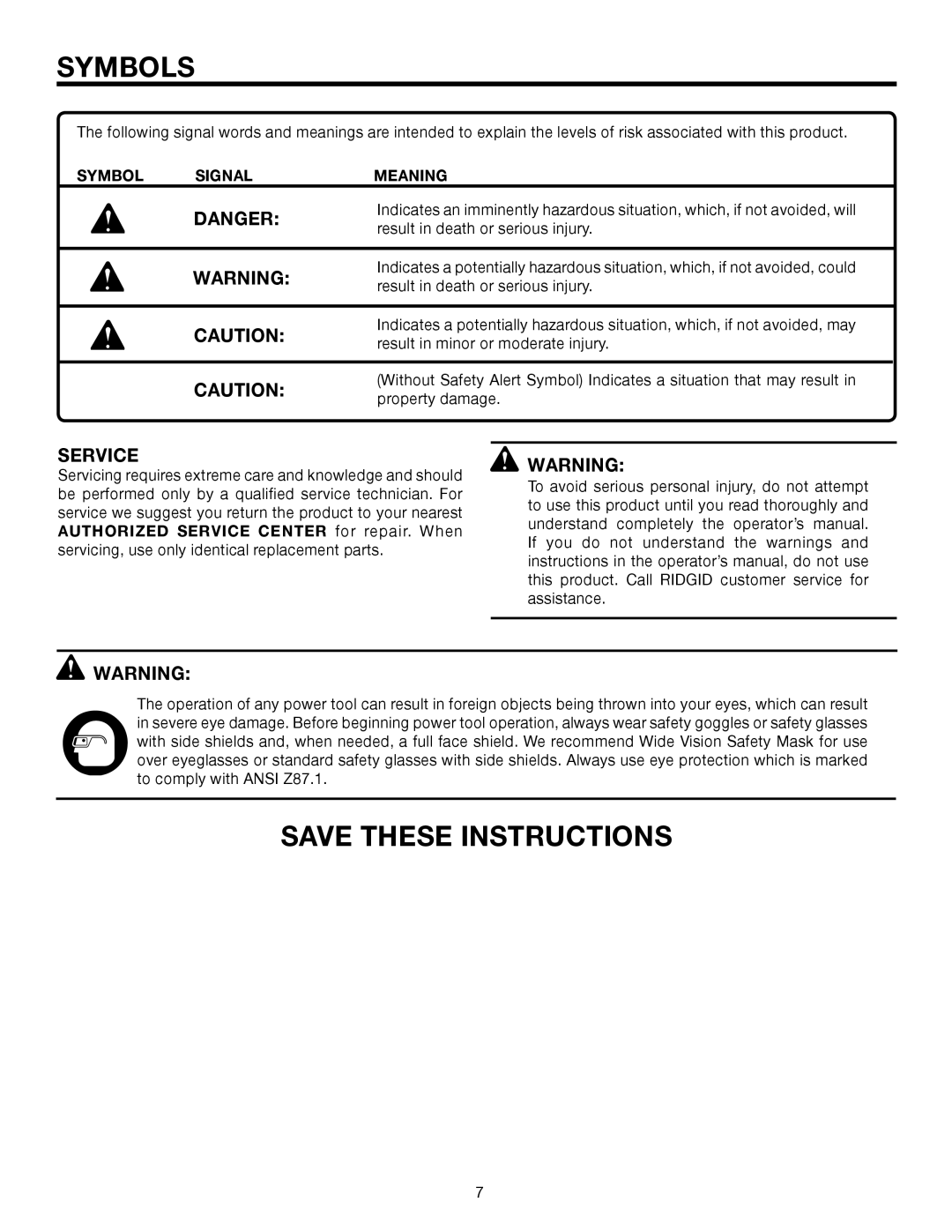 RIDGID R8823 manual Symbol Signal Meaning 