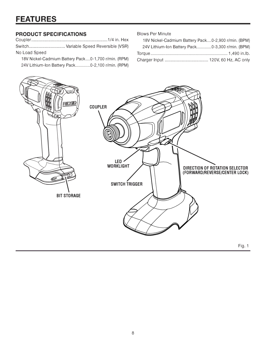 RIDGID R8823 manual Features, Product Specifications 