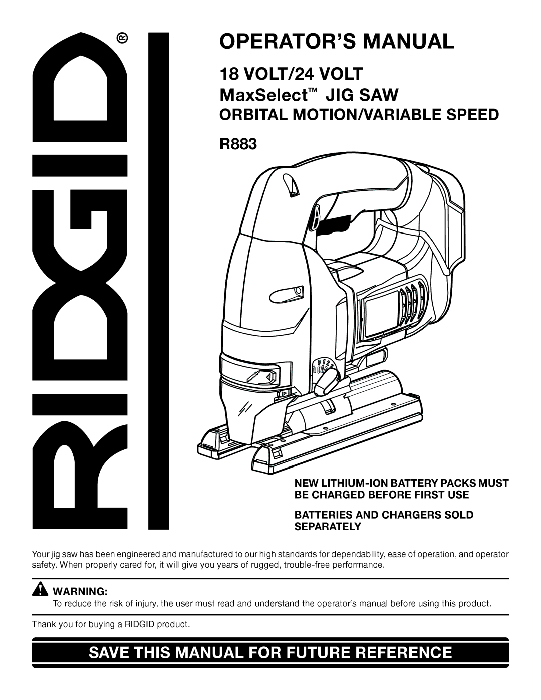 RIDGID R883 manual OPERATOR’S Manual, Orbital MOTION/VARIABLE Speed 