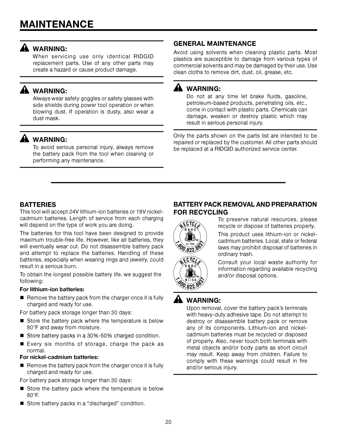 RIDGID R883 manual General Maintenance, Batteries, Battery Pack Removal and Preparation for Recycling 