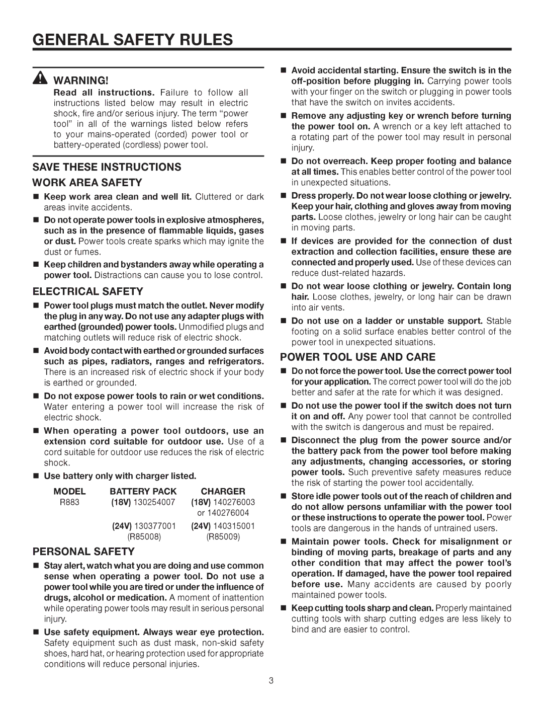 RIDGID R883 manual General Safety Rules, Work Area Safety, Electrical Safety, Personal Safety, Power Tool USE and Care 