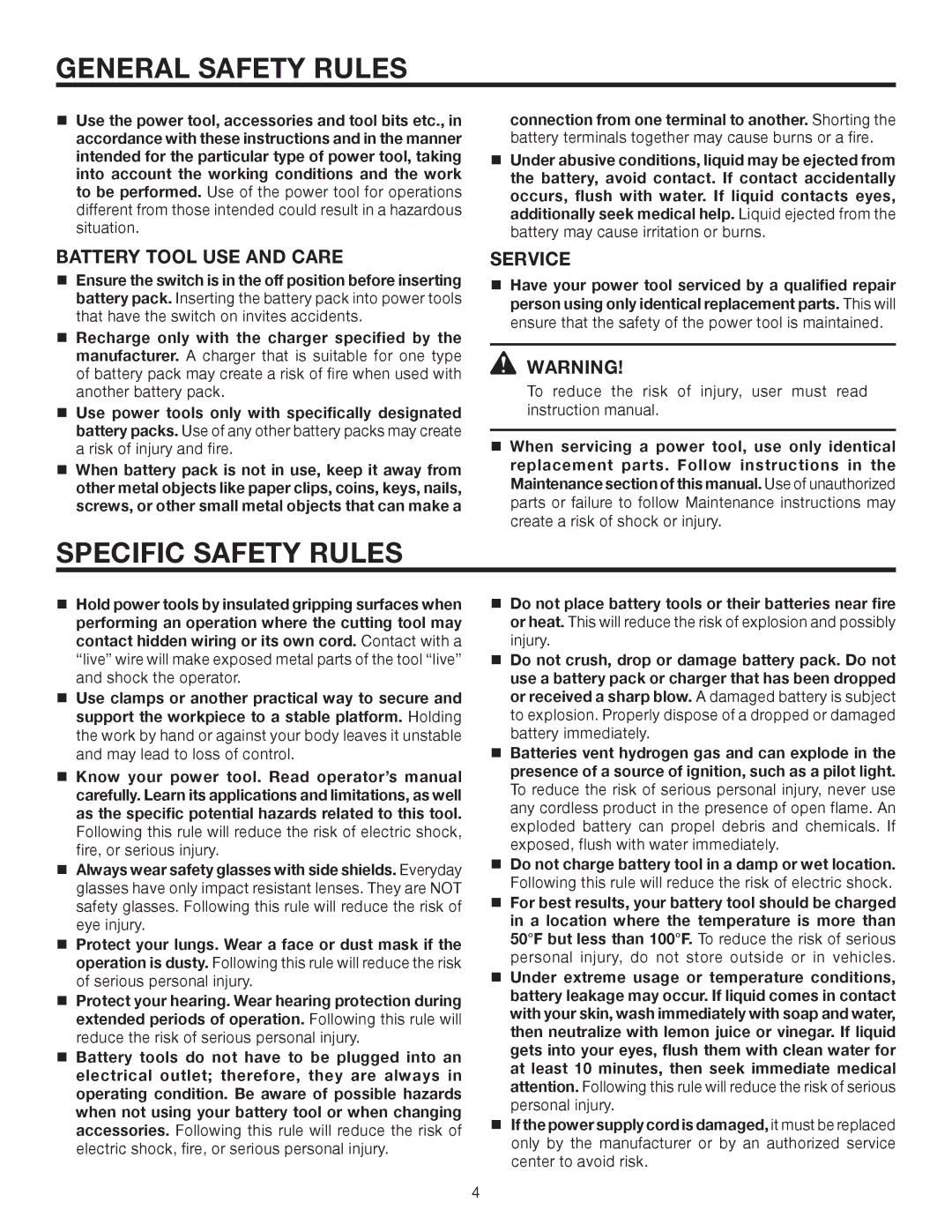 RIDGID R883 manual Specific Safety Rules, Battery Tool USE and Care, Service 