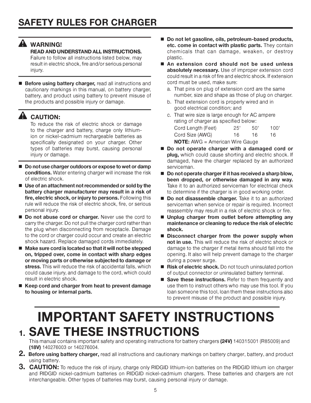 RIDGID R883 manual Important Safety Instructions, Safety Rules for Charger 