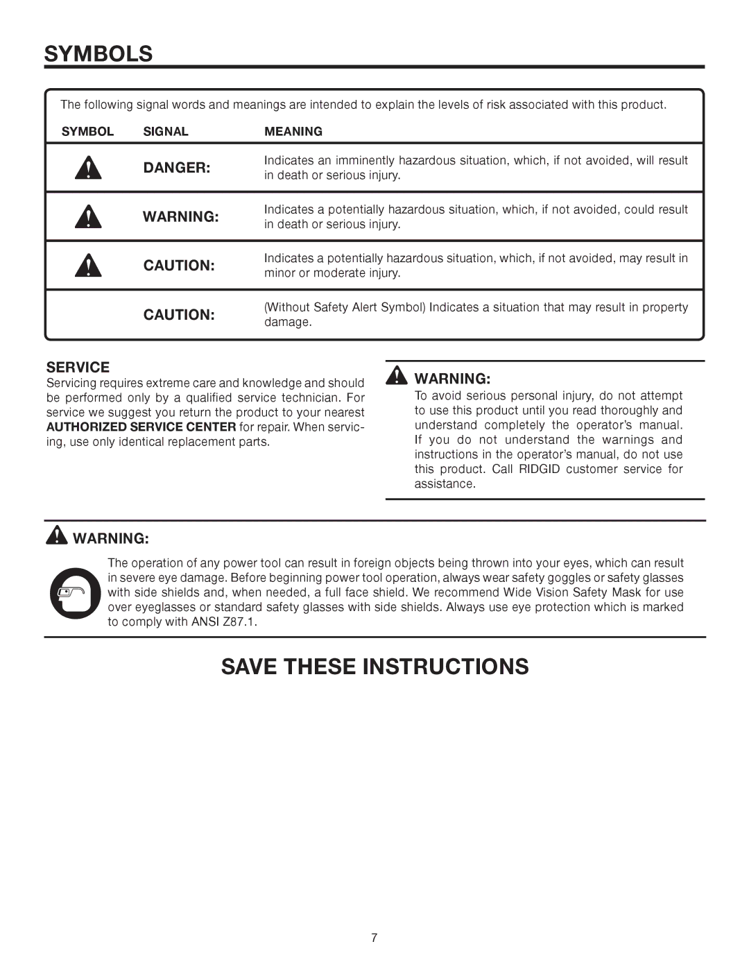 RIDGID R883 manual Symbol Signal Meaning 