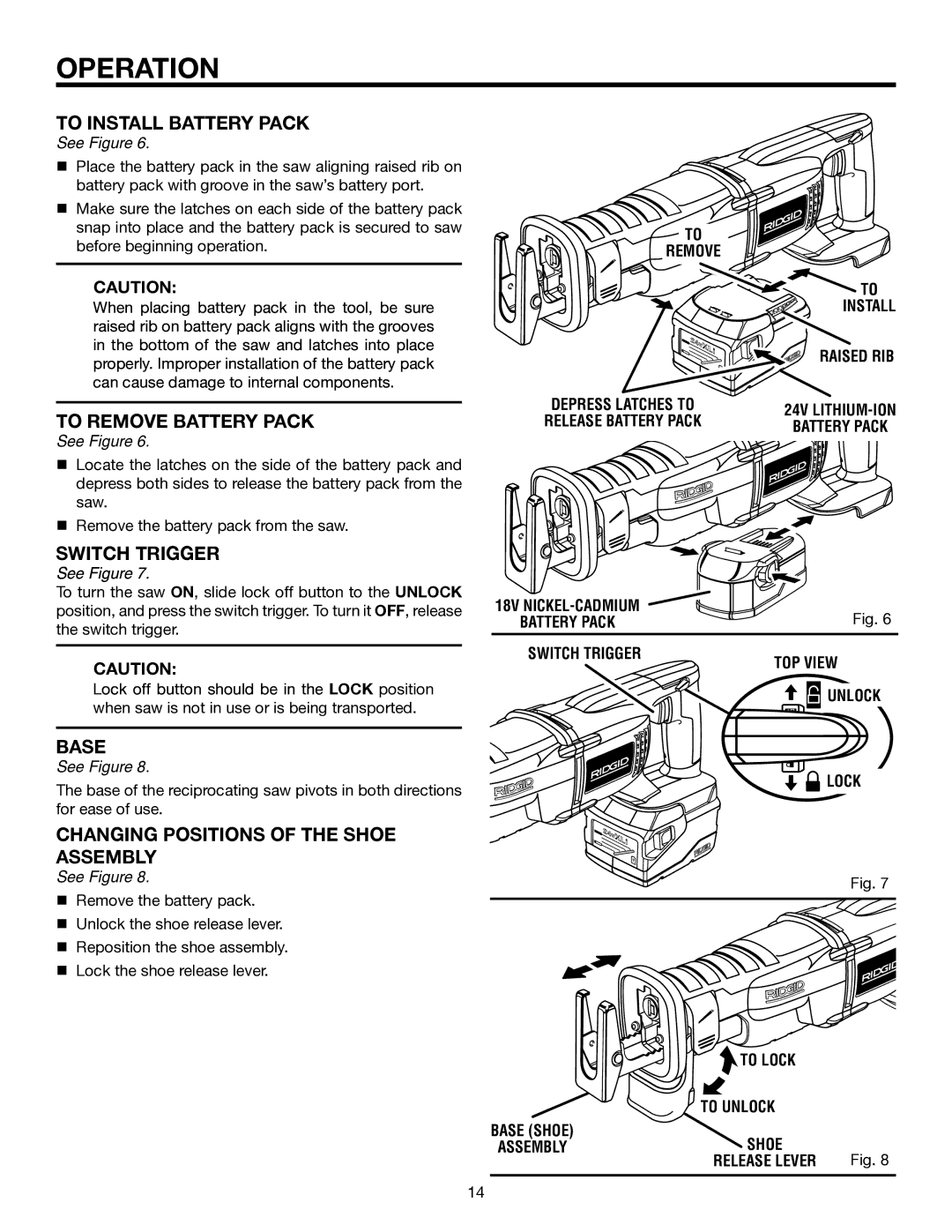 RIDGID R884 To Install Battery Pack, To Remove Battery Pack, Switch Trigger, Base, Changing Positions of the Shoe Assembly 