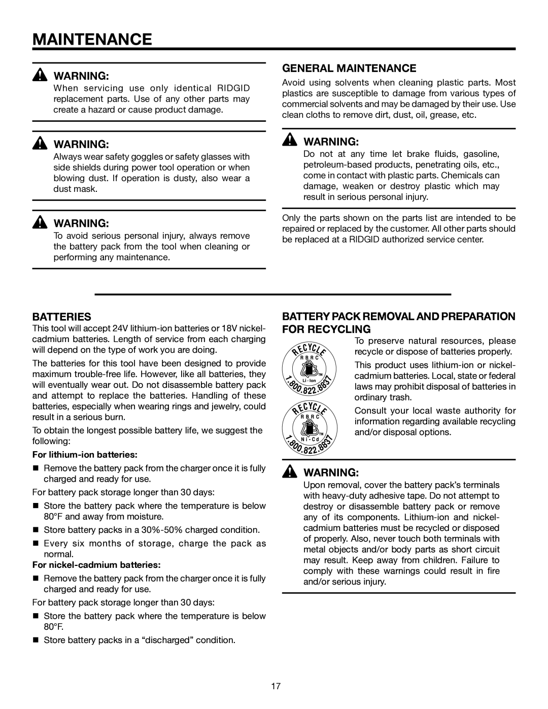 RIDGID R884 manual General Maintenance, Batteries, Battery Pack Removal and Preparation for Recycling 