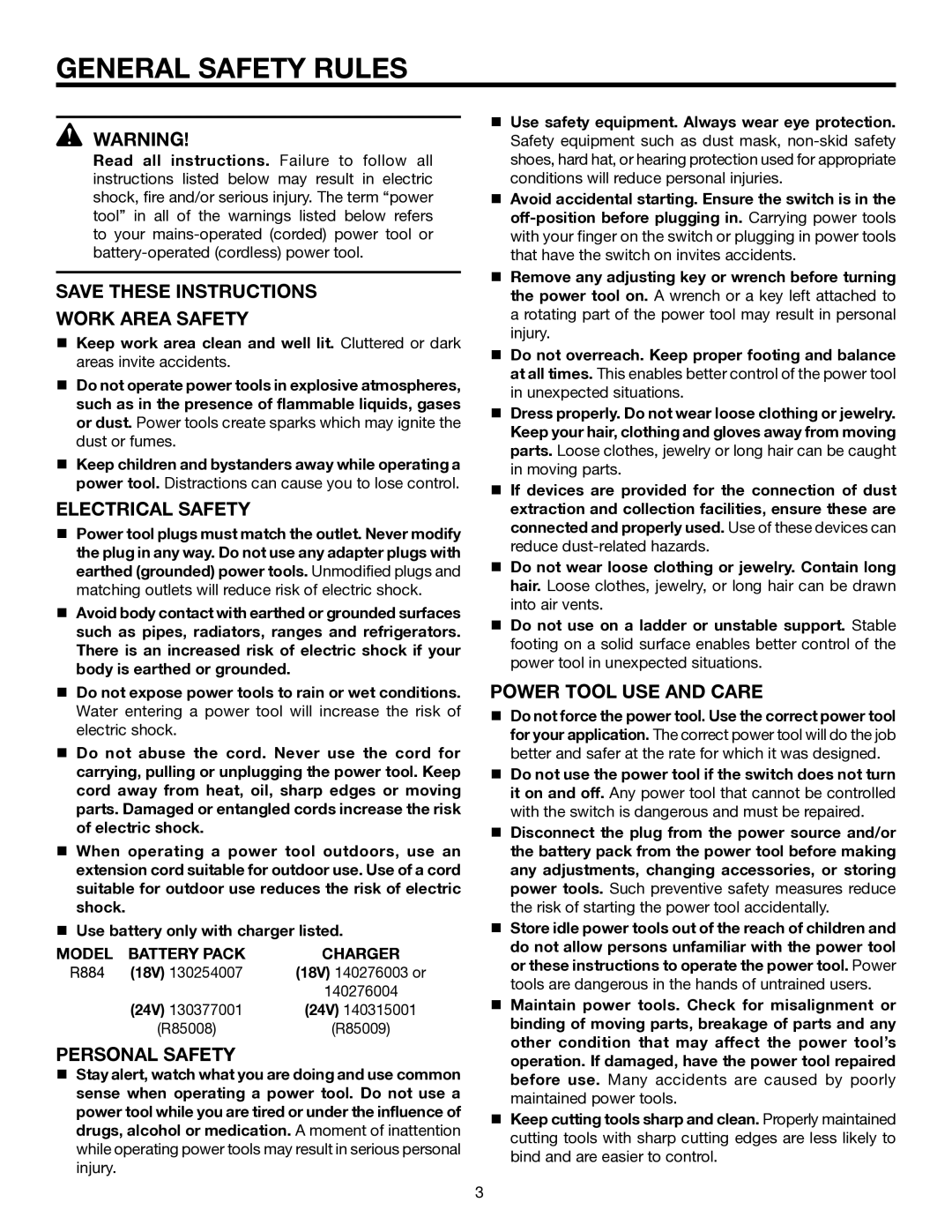 RIDGID R884 manual General Safety Rules, Work Area Safety, Electrical Safety, Personal Safety, Power Tool USE and Care 