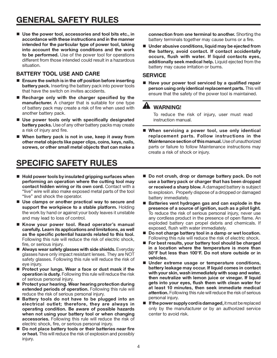 RIDGID R884 manual Specific Safety Rules, Battery Tool USE and Care, Service 