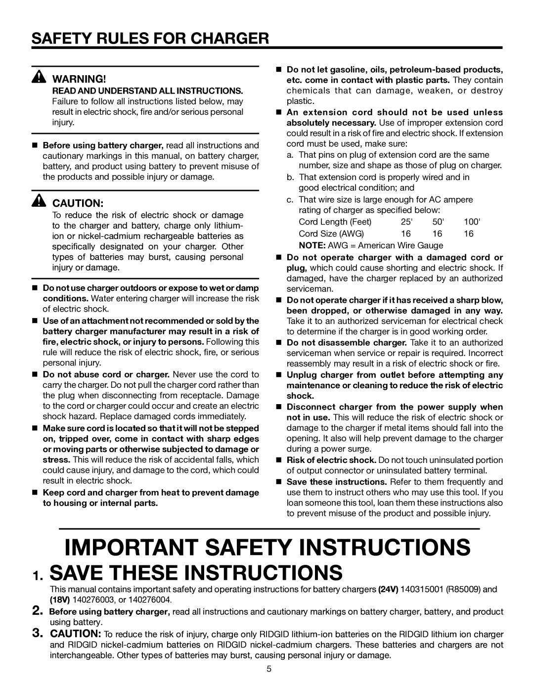 RIDGID R884 manual Important Safety Instructions, Safety Rules for Charger 