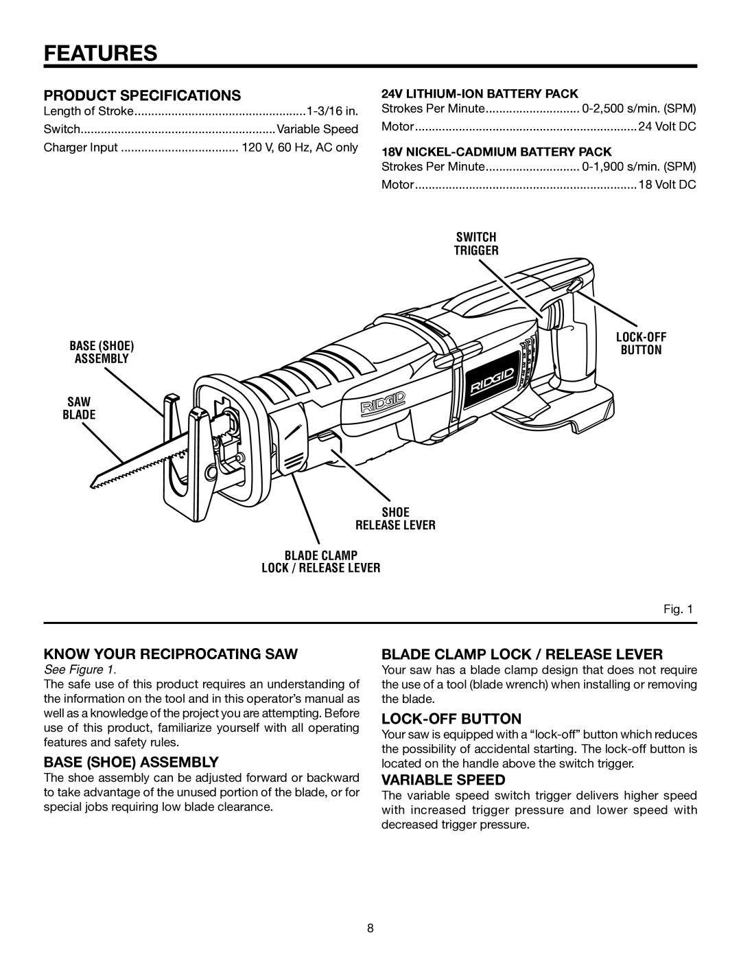 RIDGID R884 manual Features 