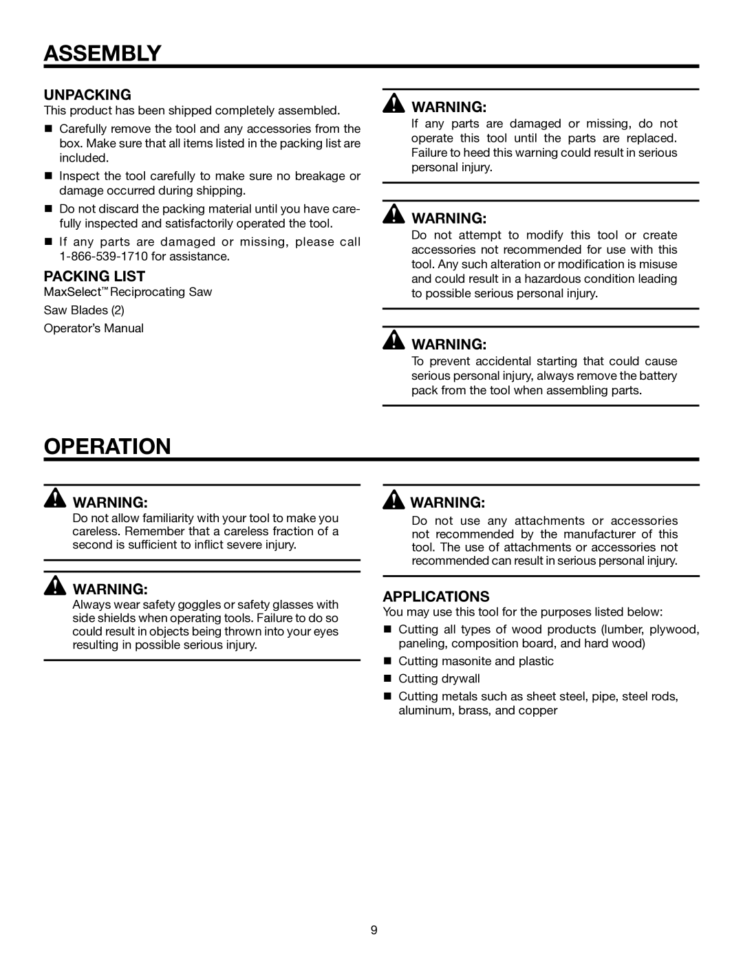 RIDGID R884 manual Assembly, Operation, Unpacking, Packing List, Applications 