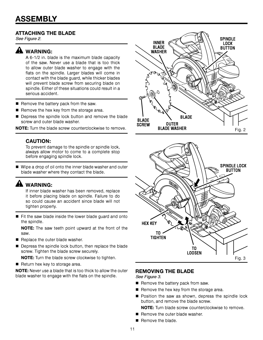 RIDGID R885 manual Attaching the Blade, Removing the Blade, Spindle Lock Button HEX KEY Tighten Loosen 