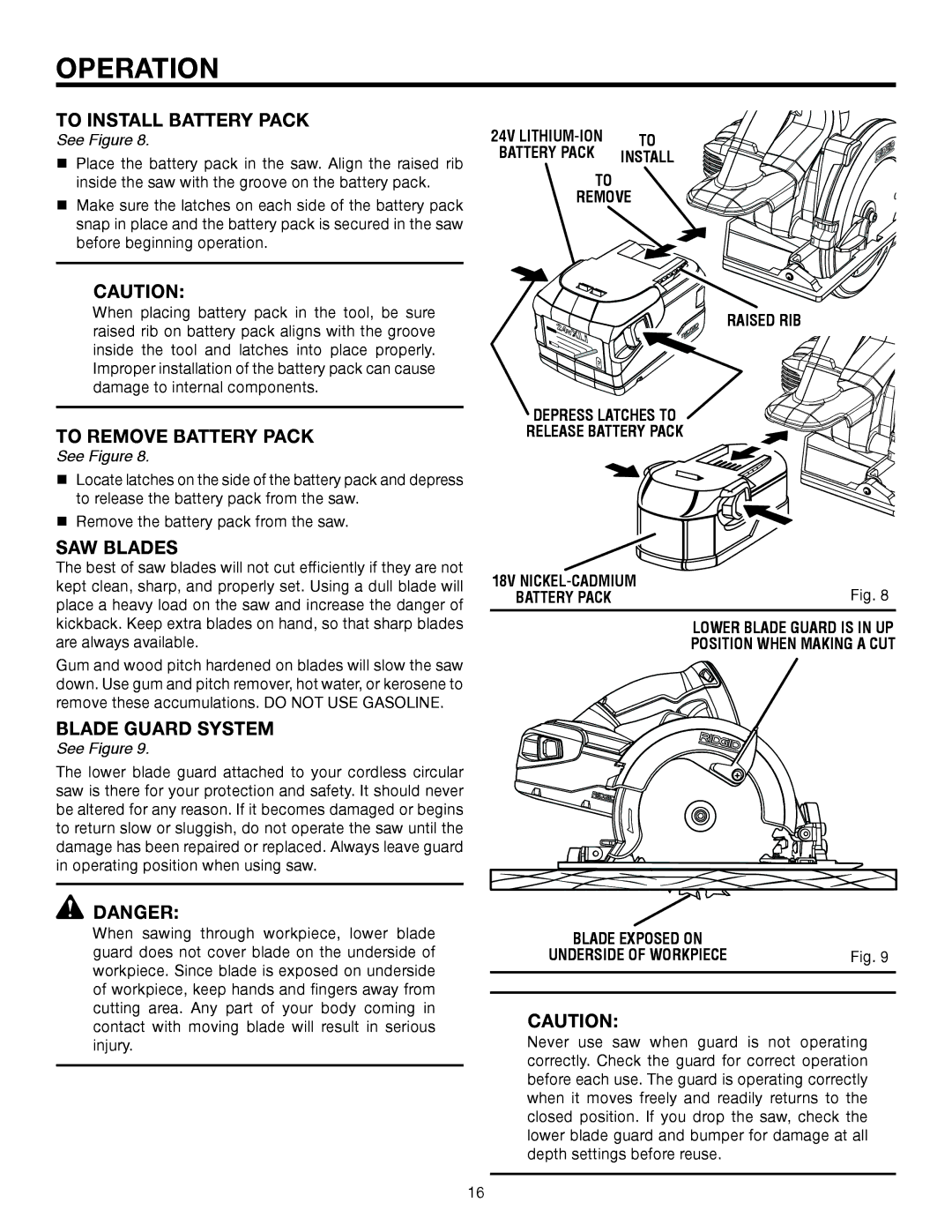 RIDGID R885 manual To Install Battery Pack, To Remove Battery Pack, SAW Blades, Blade Guard System 