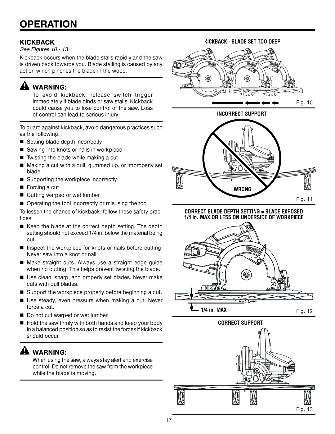 RIDGID R885 manual See Figures 10, Kickback Blade SET TOO Deep Incorrect Support Wrong, In. MAX, Correct Support 