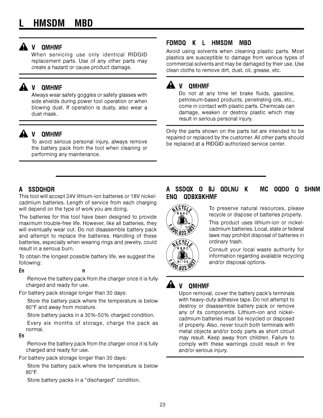 RIDGID R885 manual General Maintenance, Batteries, Battery Pack Removal and Preparation for Recycling 