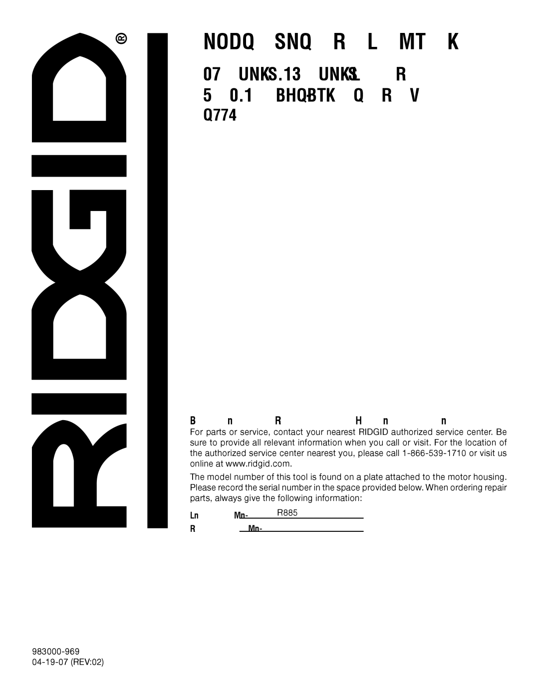 RIDGID manual Customer Service Information, Model No R885 Serial No 