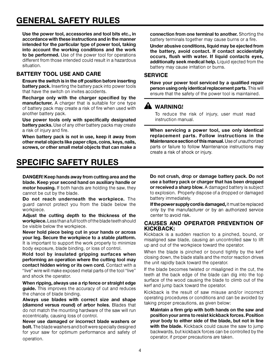 RIDGID R885 manual Specific Safety Rules, Battery Tool USE and Care, Service, Causes and Operator Prevention of Kickback 