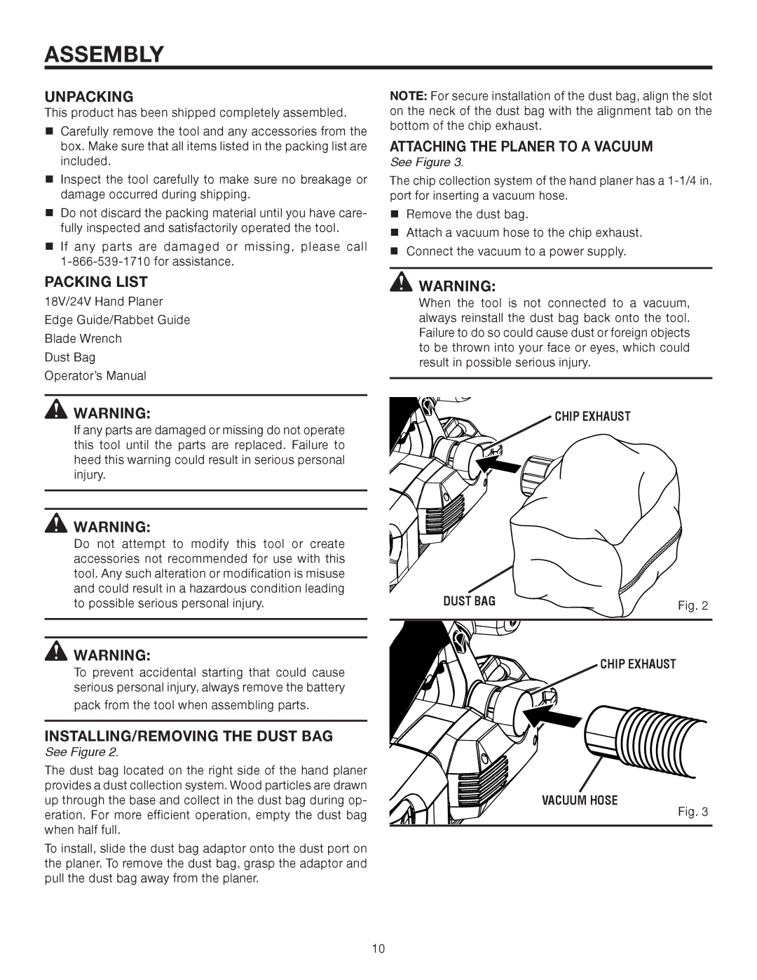 RIDGID R888 manual Assembly, Unpacking, Packing List, INSTALLING/REMOVING the Dust BAG, Attaching the Planer to a Vacuum 