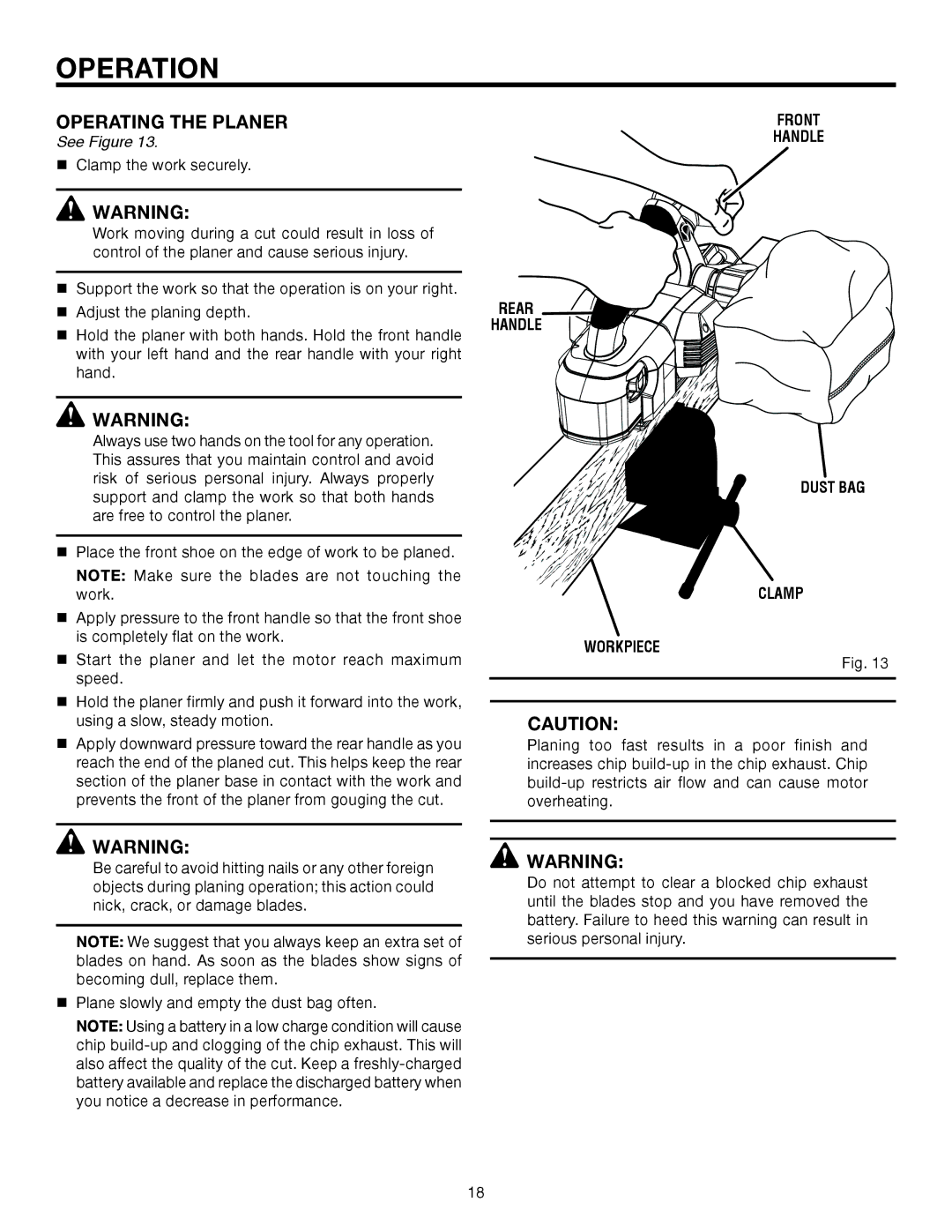 RIDGID R888 manual Operating the Planer, Dust BAG Clamp Workpiece 