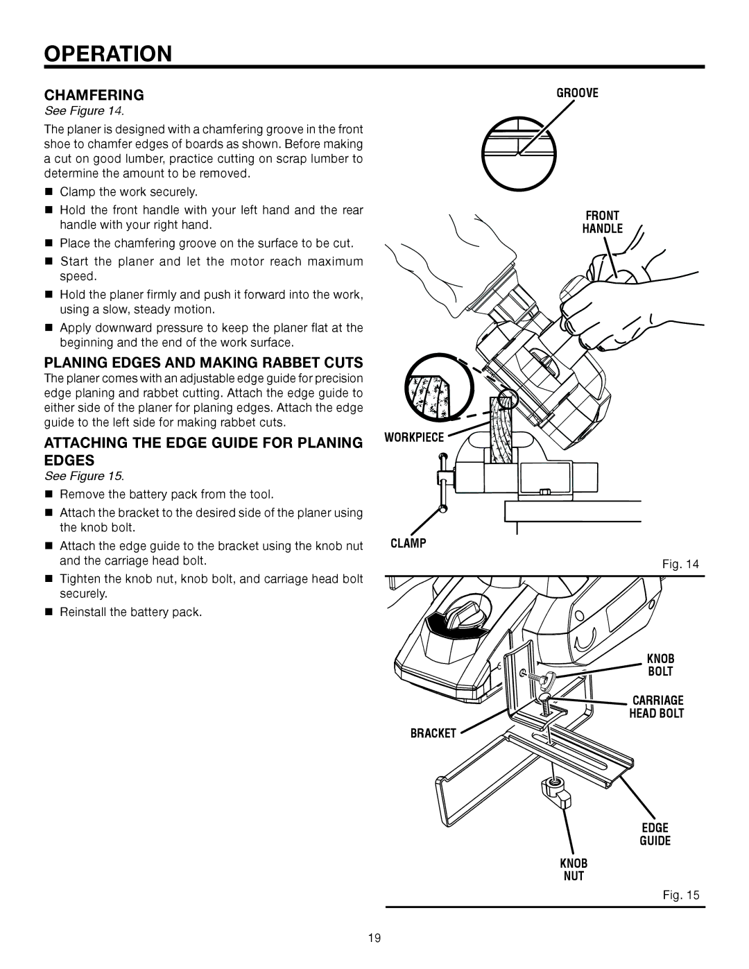 RIDGID R888 manual Chamfering, Planing Edges and Making Rabbet Cuts, Attaching the Edge Guide for Planing Edges 