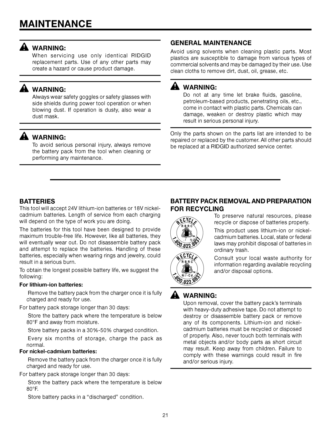 RIDGID R888 manual General Maintenance, Batteries, Battery Pack Removal and Preparation for Recycling 