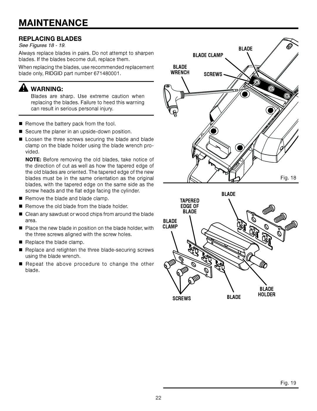 RIDGID R888 manual Replacing Blades, See Figures 18 