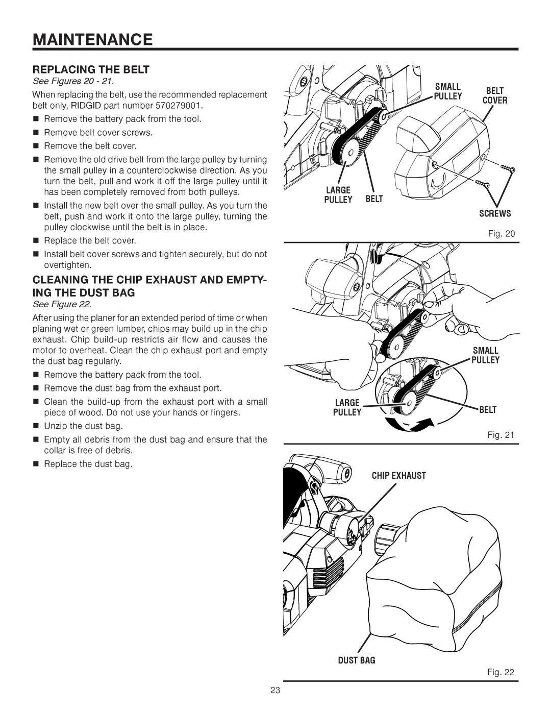 RIDGID R888 manual Replacing the Belt, Cleaning the Chip Exhaust and EMPTY- ING the Dust BAG 