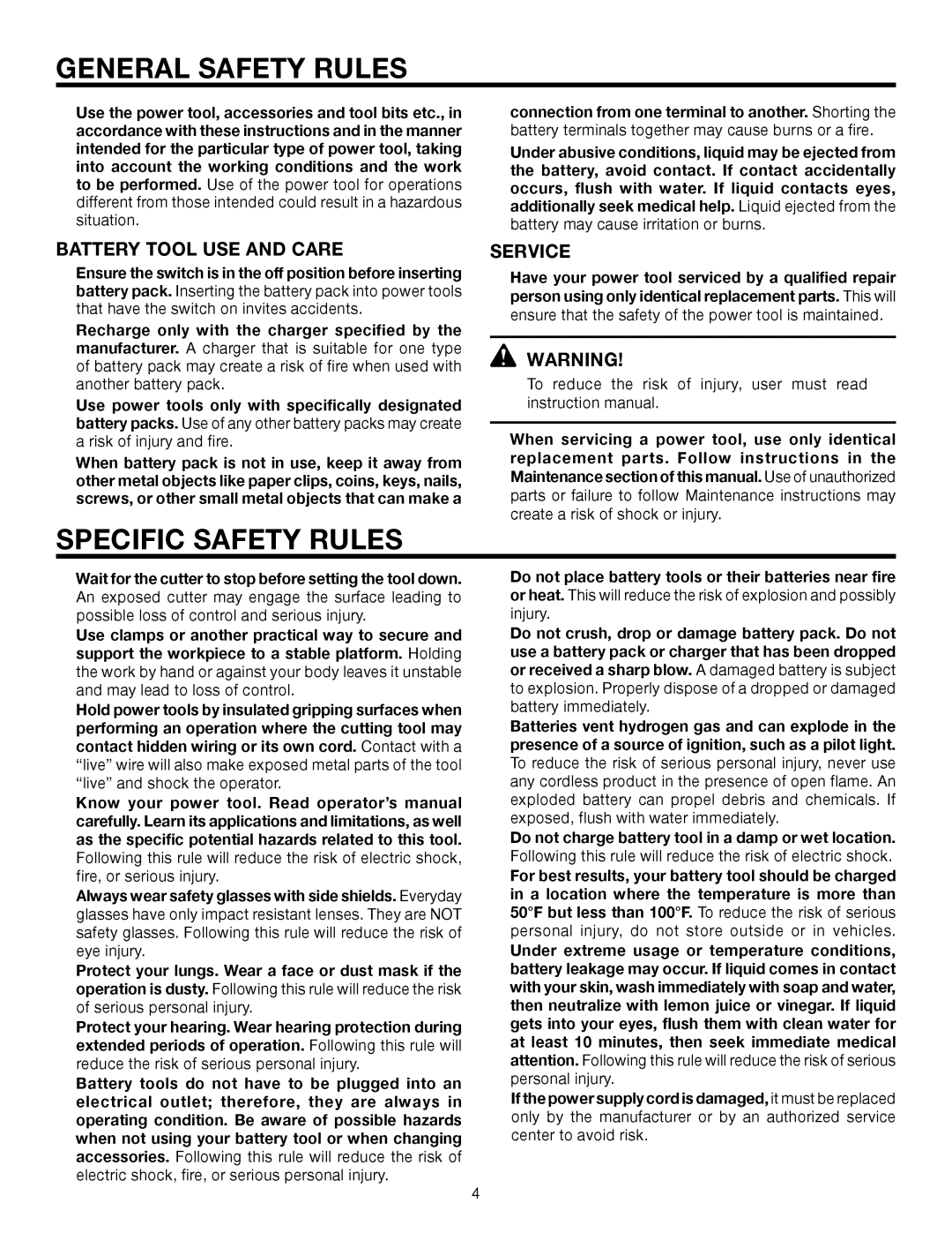 RIDGID R888 manual Specific Safety Rules, Battery Tool USE and Care, Service 