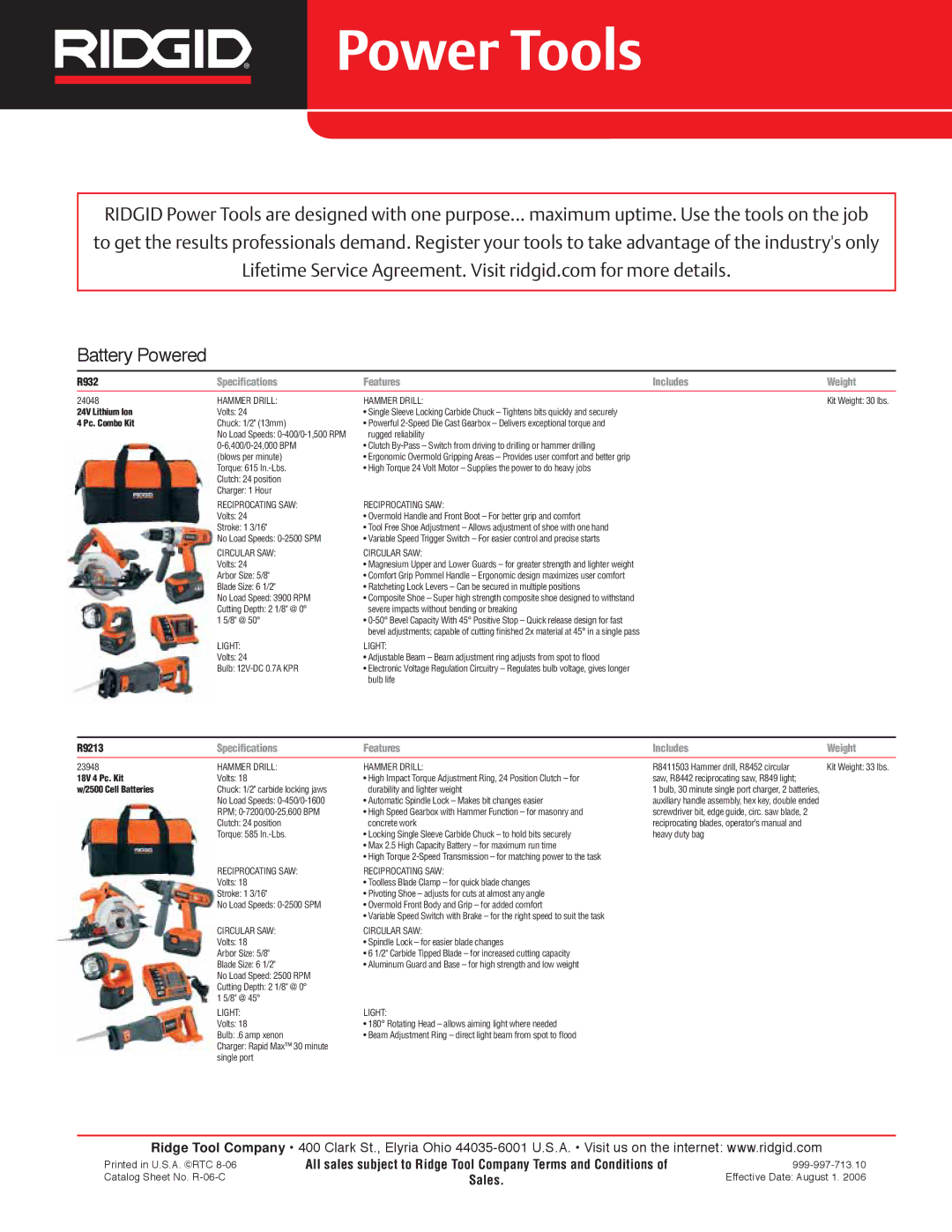 RIDGID R932, R9213 specifications Battery Powered, Speciﬁcations Features Includes Weight 