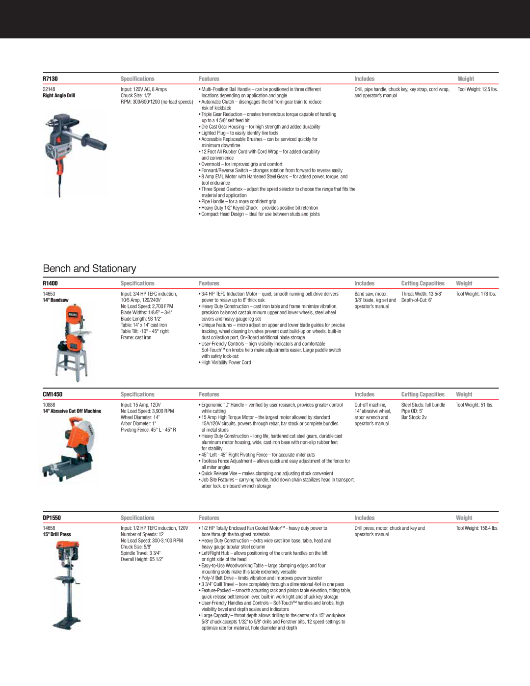 RIDGID R932, R9213 specifications Bench and Stationary, Speciﬁcations Features Includes Cutting Capacities Weight 