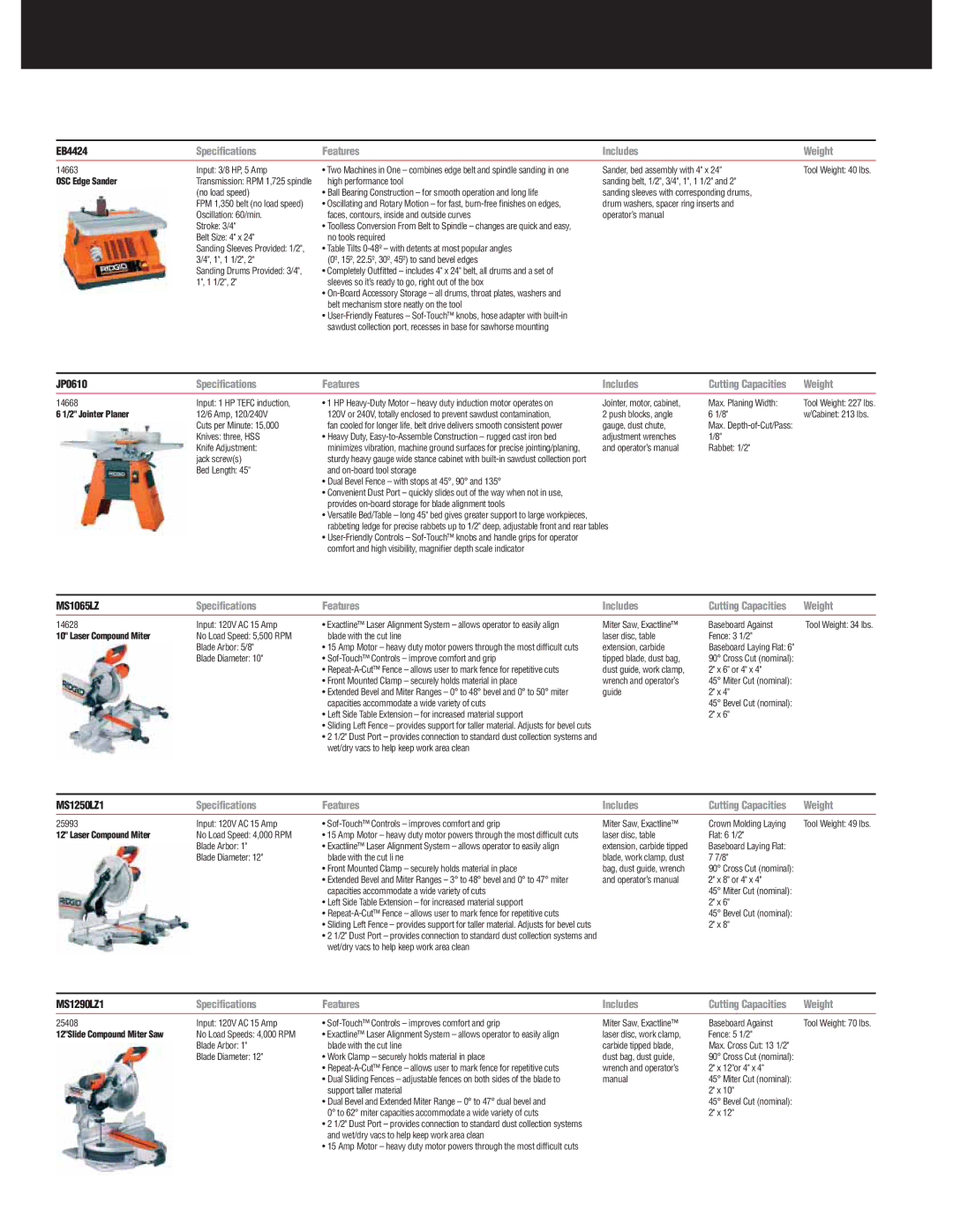 RIDGID R9213, R932 specifications OSC Edge Sander, Jointer Planer, Laser Compound Miter, 12Slide Compound Miter Saw 