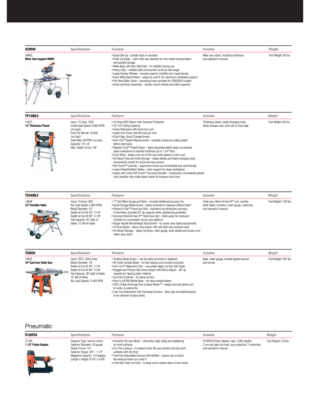 RIDGID R932, R9213 specifications Pneumatic 