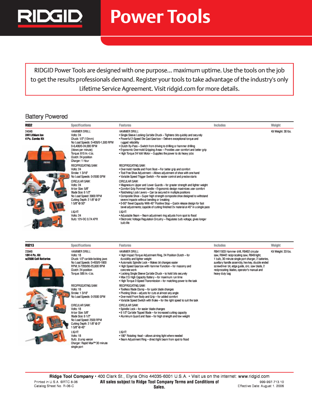 RIDGID R932 specifications Battery Powered, R9213, Power Tools, Sales, Printed in U.S.A. RTC 8-06 Catalog Sheet No. R-06-C 