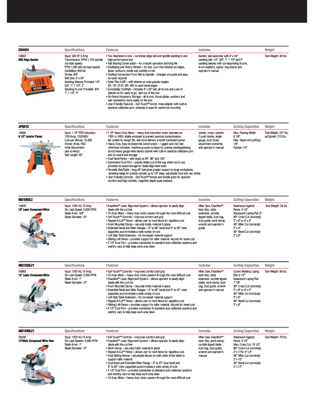 RIDGID R9213, R932 specifications EB4424, JP0610, MS1065LZ, MS1250LZ1, MS1290LZ1 