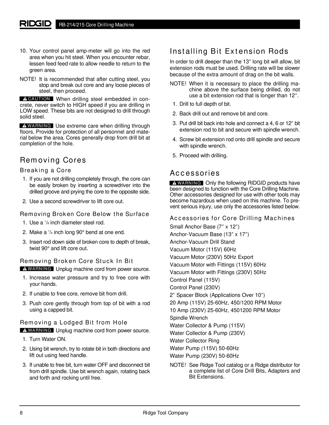 RIDGID RB-214, RB-215 manual Removing Cores, Installing Bit Extension Rods, Accessories 