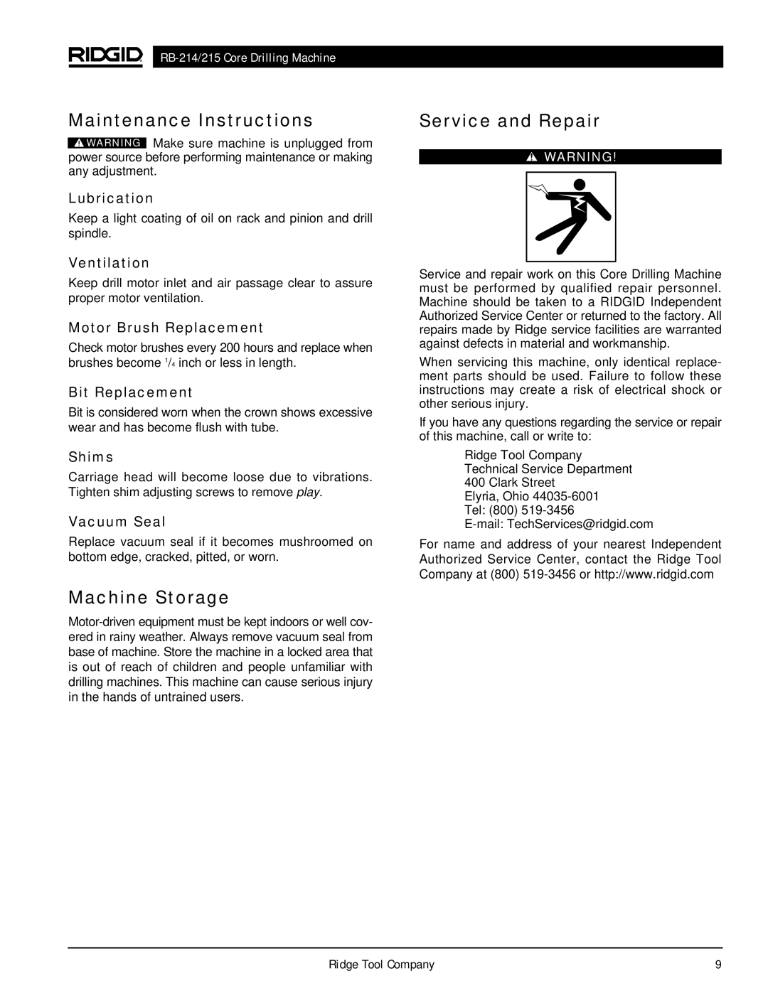 RIDGID RB-215, RB-214 manual Maintenance Instructions, Machine Storage, Service and Repair 