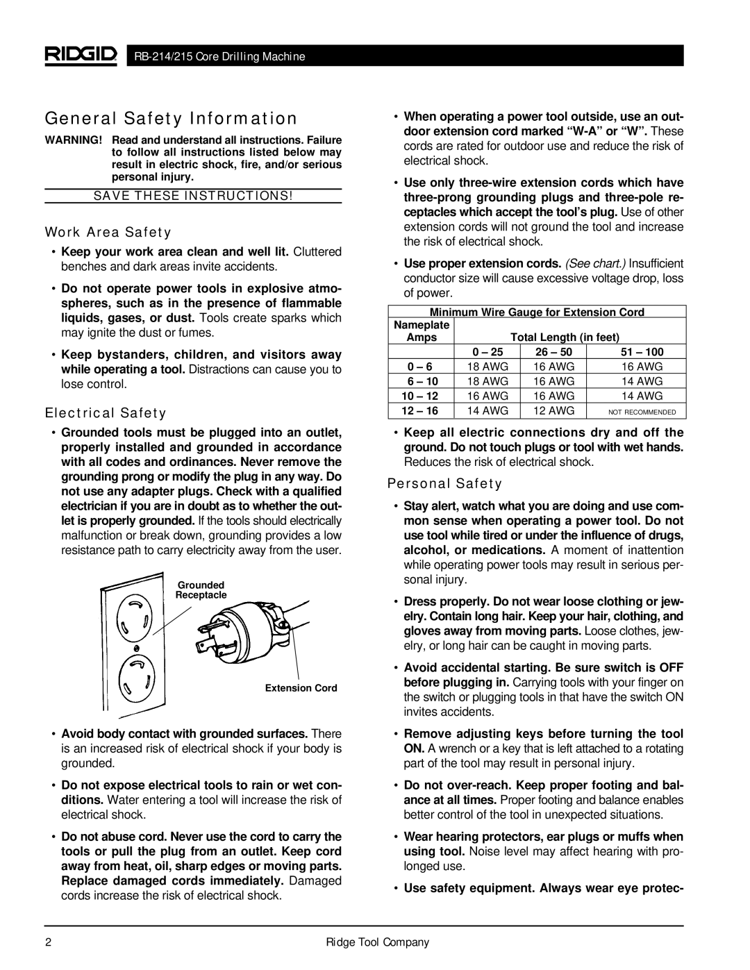 RIDGID RB-214, RB-215 manual General Safety Information, Work Area Safety, Electrical Safety, Personal Safety 