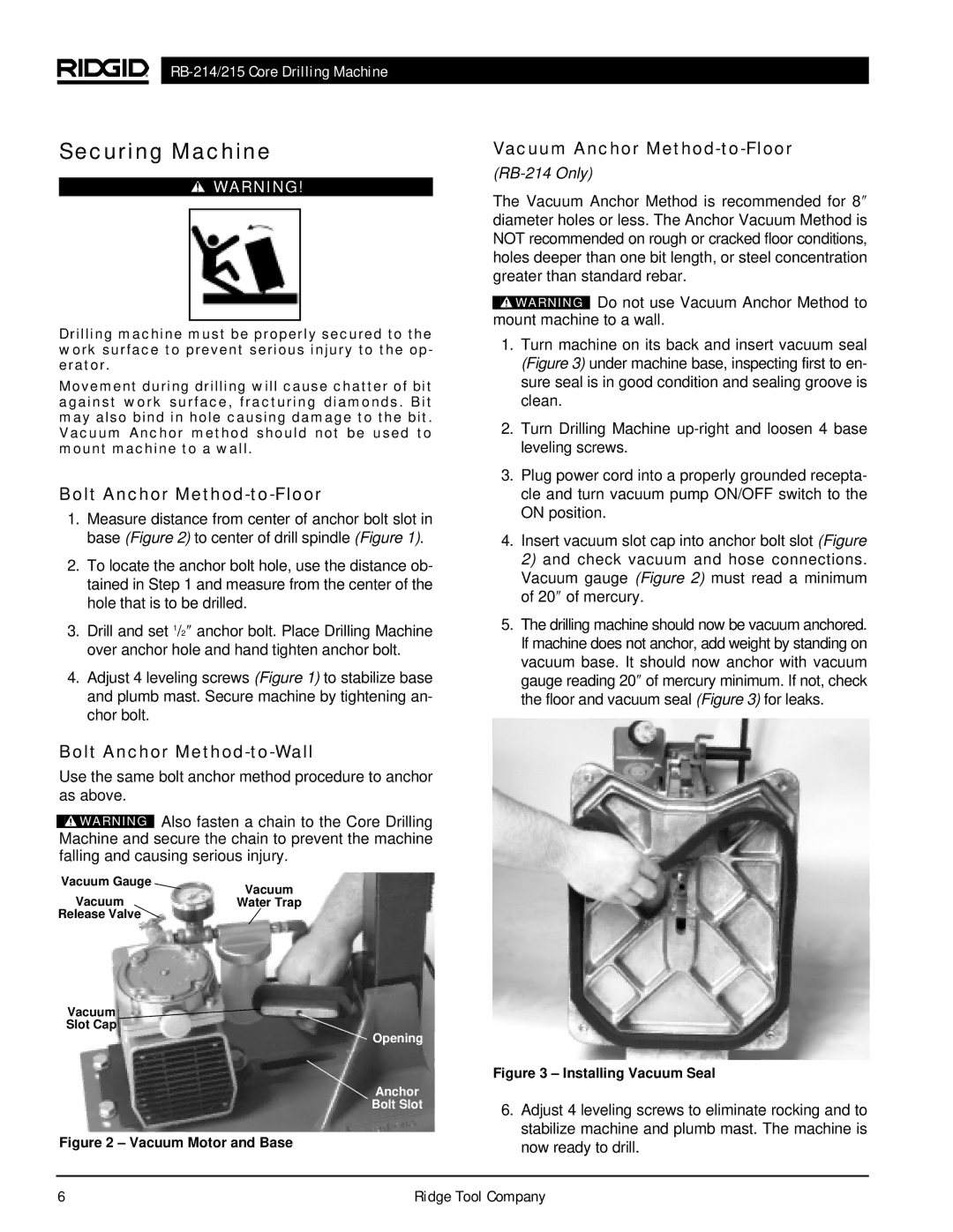 RIDGID RB-214 Securing Machine, Bolt Anchor Method-to-Floor, Bolt Anchor Method-to-Wall, Vacuum Anchor Method-to-Floor 