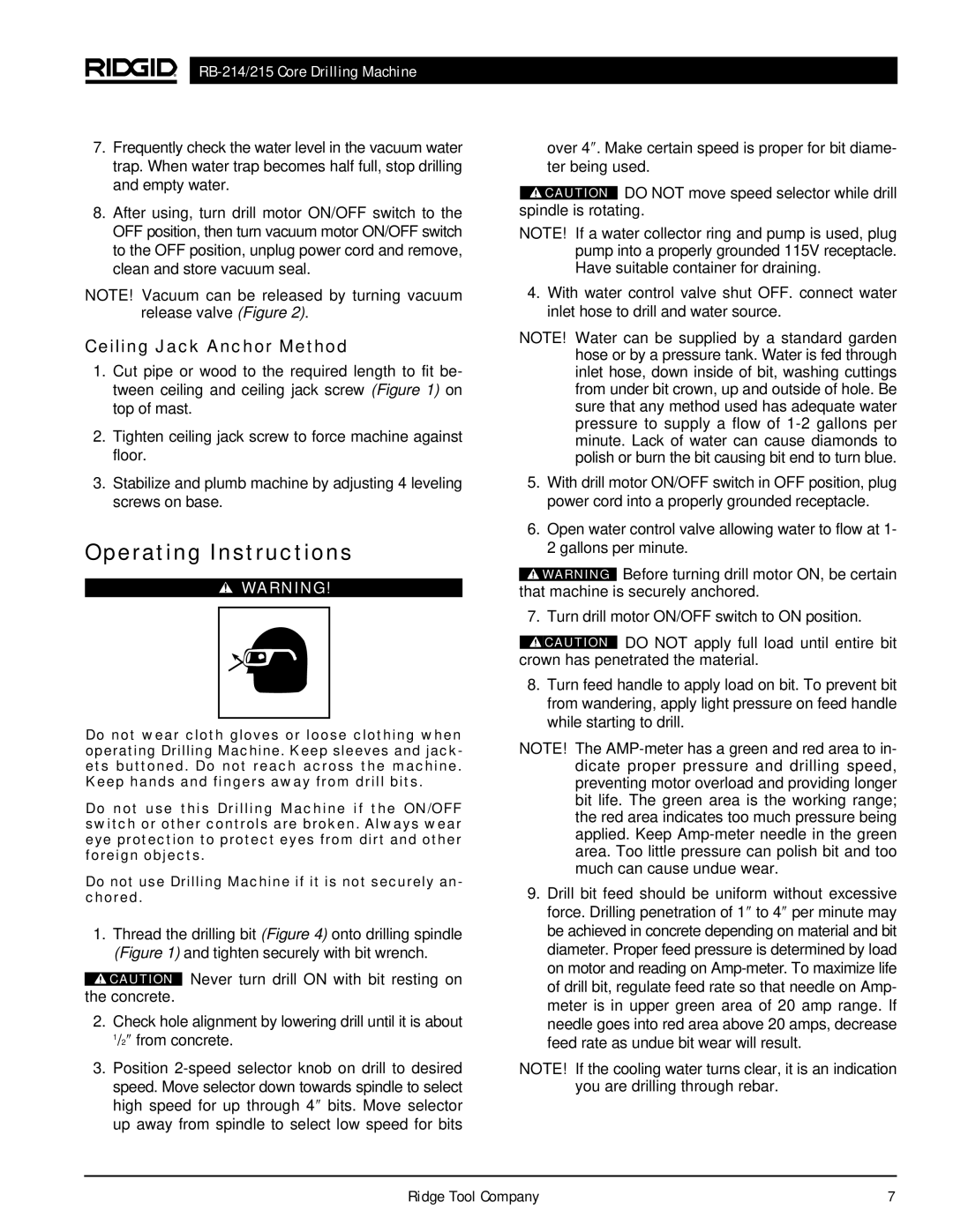 RIDGID RB-215, RB-214 manual Operating Instructions, Ceiling Jack Anchor Method 